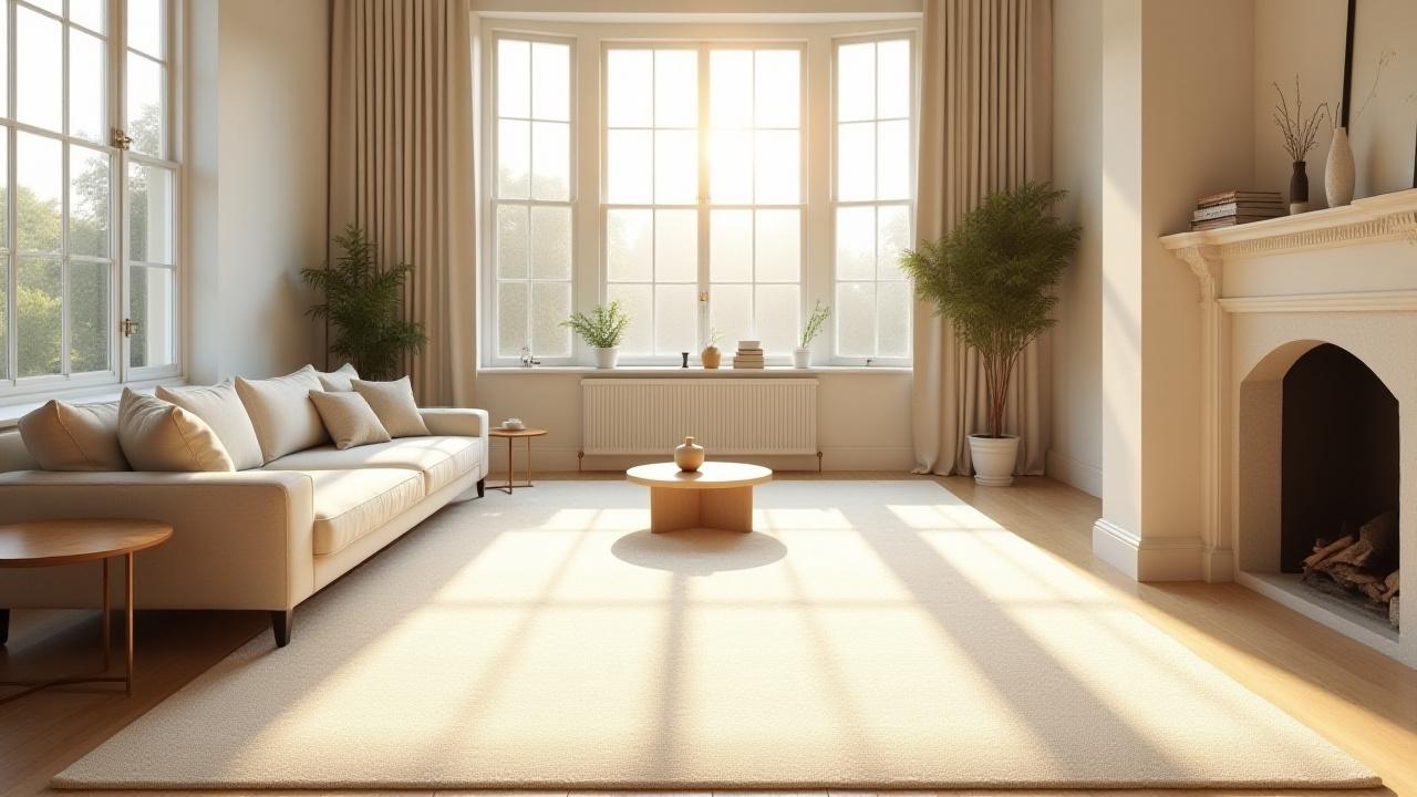 A bright, London apartment living room featuring a large, textured wool rug under minimal designer furniture